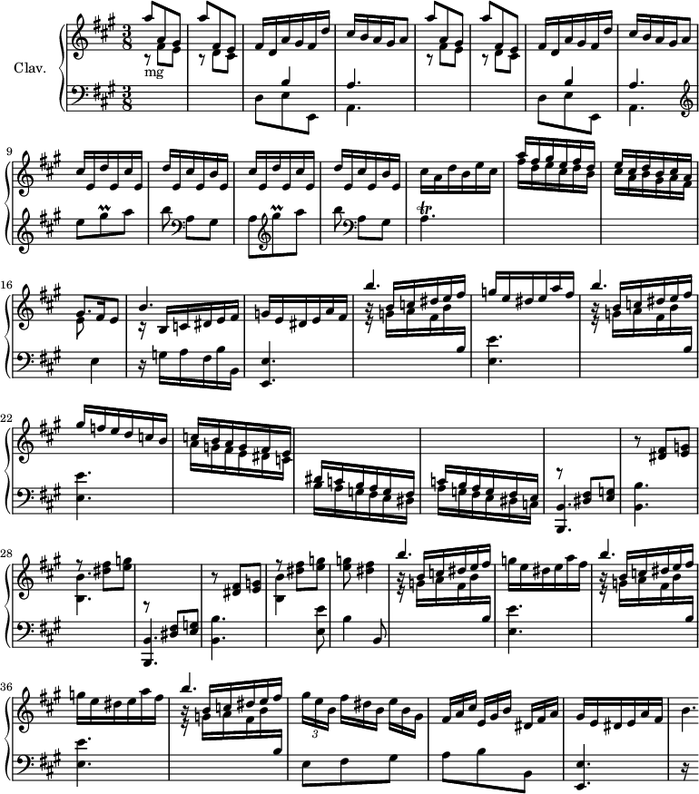 
\version "2.18.2"
\header {
  tagline = ##f
  % composer = "Domenico Scarlatti"
  % opus = "K. deest"
  % meter = "Allegro"
}

%% les petites notes
trillGisq     = { \tag #'print { gis8\prall } \tag #'midi { a32 gis a gis } }
trillGisqUp   = { \tag #'print { gis''8\prall } \tag #'midi { a32 gis a gis } }
trillAp       = { \tag #'print { a4.\trill } \tag #'midi { b32 a b a b a~ a16 a8 } }

upper = \relative c'' {
  \clef treble 
  \key a \major
  \time 3/8
  \tempo 4. = 66
  \set Staff.midiInstrument = #"harpsichord"
  \override TupletBracket.bracket-visibility = ##f

      %s8*0^\markup{Allegro}
      \repeat unfold 2 { \stemUp  a'8 a, gis | a' fis, e | \stemNeutral fis16 d a' gis fis d' | cis b a gis   \tempo 4. = 45 a8   \tempo 4. = 66 } | 
      % ms. 9
      \repeat unfold 2 { cis16 e, d' e, cis' e, | d' e, cis' e, b' e, } | cis'16 a d b e cis | \stemUp a'16 fis gis e fis d | % fis d e cis d b |
      % ms. 15
      e cis d b cis a | gis8. fis16 \tempo 4. = 45 e8 \tempo 4. = 66 | << { b'4. } \\ { r16 \stemUp b,16 c dis e fis } >> | g e dis e a fis | << { b'4. } \\ { r16 \stemUp b,16 c dis e fis } >> | g16 e dis e a fis |
      % ms. 21
      << { b4. } \\ { r16 \stemUp b,16 c dis e fis } >> | gis16 f e d c b | c b a g fis e | \change Staff = "lower" dis c b a g fis | c'16 b a g fis e |
      % ms. 26
      \repeat unfold 2 { \stemUp \change Staff = "lower" r8 < dis fis >8 < e g >  \stemNeutral  \change Staff = "upper" r8 < dis' fis >8 < e g > | fis'8\rest < dis fis >8 < e g >  } | q8 < dis fis >4 << { b'4. } \\ { r16 \stemUp b,16 c dis e fis } >> |
      % ms. 34
      \repeat unfold 2 { g16 e dis e a fis |  << { b4. } \\ { r16 \stemUp b,16 c dis e fis } >> } |
      % ms. 38
      \times 2/3 { gis16 e b }   \omit TupletNumber \times 2/3 { fis'16[ dis b] }  \times 2/3 { e16 b gis }  \times 2/3 { fis16 a cis } \times 2/3 { e,16[ gis b] }  \times 2/3 { dis,16 fis a } |
      % ms. 40
      gis16 e dis e a fis | b4.*1/4

}

lower = \relative c' {
  \clef bass
  \key a \major
  \time 3/8
  \set Staff.midiInstrument = #"harpsichord"
  \override TupletBracket.bracket-visibility = ##f

    % ************************************** \appoggiatura a16  \repeat unfold 2 {  } \times 2/3 { }   \omit TupletNumber 
      s8*0-\markup{mg} \repeat unfold 2 { \stemDown \change Staff = "upper" b8\rest fis'8 e | b8\rest d8 cis | \stemNeutral \change Staff = "lower" << { s8 b4 | a4. } \\ { d,8 e e, | a4. } >> }
      % ms. 9
       \clef treble  e'''8 \trillGisq  a8 | b  \clef bass  a,,8[ gis] | a  \clef treble \trillGisqUp  a8 | b   \clef bass  a,,8[ gis] | \trillAp | \stemDown \change Staff = "upper"  fis''16 d e cis d b  |
      % ms. 15
      cis16 a b gis a fis | e8 \stemNeutral \change Staff = "lower"  e,4 | r16 g16 a fis b b, | < e, e' >4. | \repeat unfold 2 { \stemDown \change Staff = "upper" r16 g''16 a fis b \stemUp \change Staff = "lower" b, | \stemNeutral < e, e' >4. }
      % ms. 23
      \stemDown \change Staff = "upper"  a'16 g fis e dis c  | \stemNeutral \change Staff = "lower" b16 a g fis e dis | a' g fis e dis c |
      % ms. 26
      < b, b' >4. | < b' b' > \stemDown \change Staff = "upper" | < b' b' > | \stemNeutral \change Staff = "lower"  < b,, b' >4. | < b' b' > \stemDown \change Staff = "upper" | < b' b' >4 \stemNeutral \change Staff = "lower" < e, e' >8 | b'4 b,8 | \repeat unfold 2 { \stemDown \change Staff = "upper" r16 g''16 a fis b \stemUp \change Staff = "lower" b, | \stemNeutral < e, e' >4. }
      % ms. 37
      \stemDown \change Staff = "upper" r16 g'16 a fis b \stemUp \change Staff = "lower" b, | \stemNeutral e,8 fis gis |
      % ms. 39
      a8 b b, | < e, e' >4. | r16 s32

}

thePianoStaff = \new PianoStaff <<
    \set PianoStaff.instrumentName = #"Clav."
    \new Staff = "upper" \upper
    \new Staff = "lower" \lower
  >>

\score {
  \keepWithTag #'print \thePianoStaff
  \layout {
      #(layout-set-staff-size 17)
    \context {
      \Score
     \override SpacingSpanner.common-shortest-duration = #(ly:make-moment 1/2)
      \remove "Metronome_mark_engraver"
    }
  }
}

\score {
  \keepWithTag #'midi \thePianoStaff
  \midi { }
}
