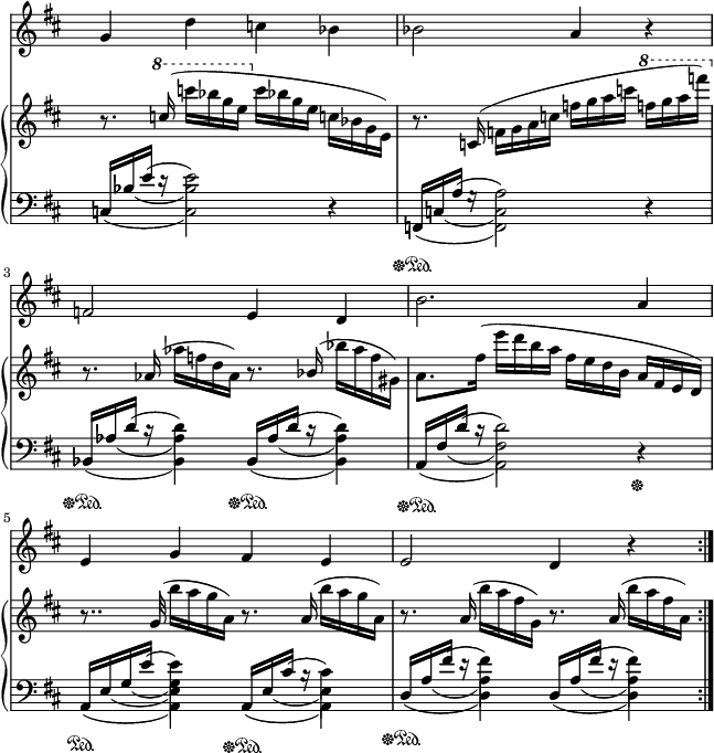 
sVarC = { << { \voiceOne c,16\sustainOff\sustainOn[bes' e] d\rest s4 }\new Voice { \voiceTwo \once \hide Stem c,4(c2) } \new Voice { \voiceTwo s16 \once \hide Stem bes'8(s16 bes2) } \new Voice { \voiceTwo s8 \slurUp \once \hide Stem e(e2) } >> \oneVoice r4 | 
<< { \voiceOne f,,16\sustainOff\sustainOn[c' a'] g\rest s4 } \new Voice { \voiceTwo \once \hide Stem f,4(f2) } \new Voice { \voiceTwo s16 \once \hide Stem c'8(s16 c2) } \new Voice { \voiceTwo s8 \slurUp \once \hide Stem a'(a2) } >> \oneVoice r4 | 
<< { \voiceOne bes,16\sustainOff\sustainOn[aes' d] c\rest s4 } \new Voice { \voiceTwo \once \hide Stem bes,4(bes) } \new Voice { \voiceTwo s16 \once \hide Stem aes'8(s16 aes4) } \new Voice { \voiceTwo s8 \slurUp \once \hide Stem d(d4) } >> 
<< { \voiceOne bes,16\sustainOff\sustainOn[aes' d] c\rest s4 } \new Voice { \voiceTwo \once \hide Stem bes,4(bes) } \new Voice { \voiceTwo s16 \once \hide Stem aes'8(s16 aes4) } \new Voice { \voiceTwo s8 \slurUp \once \hide Stem d(d4) } >> | 
<< { \voiceOne a,16\sustainOff\sustainOn[fis' d'] c\rest s4 } \new Voice { \voiceTwo \once \hide Stem a,4(a2) } \new Voice { \voiceTwo s16 \once \hide Stem fis'8(s16 fis2) } \new Voice { \voiceTwo s8 \slurUp \once \hide Stem d'(d2) } >> \oneVoice r4\sustainOff |
<< { \voiceOne a,16\sustainOn[e' g e'] s4 } \new Voice { \voiceTwo \once \hide Stem a,,4(a) } \new Voice { \voiceTwo s16 \once \hide Stem e'8(s16 e4) } \new Voice { \voiceTwo s8 \once \hide Stem g(g4) } \new Voice { \voiceTwo s8. \slurUp \once \hide Stem e'16(e4) } >> 
<< { \voiceOne a,,16\sustainOff\sustainOn[e' cis'] b\rest s4 } \new Voice { \voiceTwo \once \hide Stem a,4(a) } \new Voice { \voiceTwo s16 \once \hide Stem e'8(s16 e4) } \new Voice { \voiceTwo s8 \slurUp \once \hide Stem cis'(cis4) } >> |
<< { \voiceOne d,16\sustainOff\sustainOn[a' fis'] e\rest s4 } \new Voice { \voiceTwo \once \hide Stem d,4(d) } \new Voice { \voiceTwo s16 \once \hide Stem a'8(s16 a4) } \new Voice { \voiceTwo s8 \slurUp \once \hide Stem fis'(fis4) } >> 
<< { \voiceOne d,16[a' fis'] e\rest s4 } \new Voice { \voiceTwo \once \hide Stem d,4(d) } \new Voice { \voiceTwo s16 \once \hide Stem a'8(s16 a4) } \new Voice { \voiceTwo s8 \slurUp \once \hide Stem fis'(fis4) } >> | }

sVarB = { r8. \ottava #1 \set Staff.ottavation = #"8" \stemUp c,16( \stemDown c'[bes g e] \ottava #0 c[bes g e] c[bes g e]) | r8. \stemUp c16( \stemDown f[g a c] f[g a c] \ottava #1 f[g a f']) \ottava #0 \stemNeutral | r8. aes,,,16( aes'[f d aes]) r8. \stemUp bes16( \stemNeutral bes'[aes f gis,]) | 
a8.[ fis'16]( e'[d b a] fis[e d b] \stemUp a[fis e d]) | r8.. g32( \stemDown b'16[a g a,]) r8. \stemUp a16( \stemDown b'[a g a,]) | r8. \stemUp a16( \stemDown b'[a fis g,]) r8. \stemUp a16( \stemDown b'[a fis a,]) \stemNeutral | }

lVarA = \lyricmode { bo ko -- cham to "ple -" -- mię Raj wam "o -" -- "two -" -- rzę i o -- zło -- cę ziemię. }

lVarC = \lyricmode { czy za -- wsze "przy -" -- "świé -" -- ca I wód czy "za -" -- wsze Czy -- sta ich "kry -" -- "ni -" -- ca? }

sVarA = { g4 d' c bes | bes2 a4 r | f2 e4 d | b'2. a4 | e g fis e | e2 d4 r | }

sVarAk = {  }

lVarB = \lyricmode { bie -- rze się na "lo -" -- ty "Dzie -" -- cku na "u -" -- śmiech gwia -- zdzie na blask "zło -" -- ty. }

lVarD = \lyricmode { wam po wie -- szczem "sło -" -- wie Po łzach po "ro -" -- sie po pie -- śni "w dą -" -- "bro -" -- "wie. —" }

\paper { #(set-paper-size "a4")
 oddHeaderMarkup = "" evenHeaderMarkup = "" }
\header { tagline = ##f }
\version "2.18.2"
\score {
\midi {  }
\layout { line-width = #160
indent = 0\cm}
<<
\new Staff { \clef "violin" \key d \major \time 4/4 \override Staff.TimeSignature #'transparent = ##t \autoBeamOff \relative f' { \repeat volta 4 { \sVarA } \sVarAk } }
\new PianoStaff <<
  \new Staff { \clef "violin" \key d \major \time 4/4 \override Staff.TimeSignature #'transparent = ##t \relative a''' { \sVarB } }
  \new Staff { \clef "bass" \key d \major \time 4/4 \override Staff.TimeSignature #'transparent = ##t \relative d' { \sVarC } }
  >>
>> }