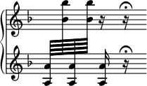 { \new PianoStaff << \override Score.TimeSignature #'stencil = ##f \new Staff = "up" { \key d \minor \change Staff = "down" <a a'>64 \change Staff = "up" \stemDown <bes' bes''> \change Staff = "down" \stemUp <a a'> \change Staff = "up" \stemDown <bes' bes''> r16 r16\fermata }
\new Staff = "down" { \key d \minor s16 <a a'> r16\fermata } >> }