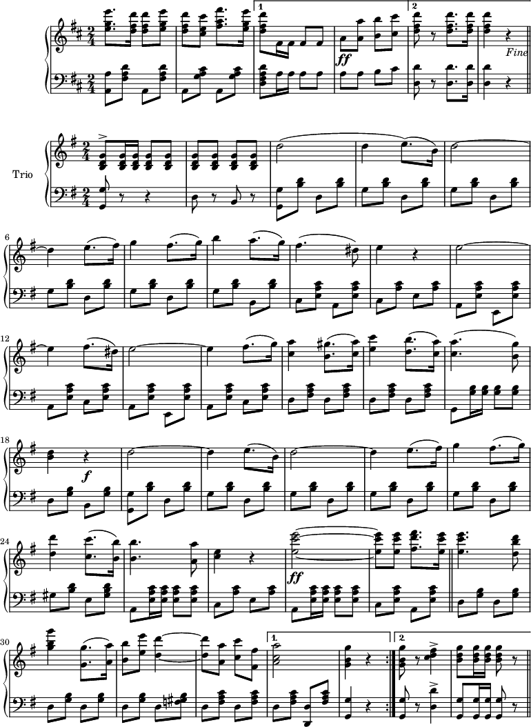 
\version "2.18.2"
\paper  {
  myStaffSize = #20
  #(define fonts
    (make-pango-font-tree "DejaVu Serif"
                          "DejaVu Sans"
                          "DejaVu Mono"
                           (/ myStaffSize 20)))
}
\header {
  tagline = ""
}

\layout {
}

upper = \relative c'' {  
  \key d \major \once \override Score.MetronomeMark #'transparent = ##t {\tempo 4=120  }
  
  % line 1 %
    <e g e'>8. <d fis d'>16 <d fis d'>8 <e g e'>
    <d fis d'> <cis e cis'> <fis a fis'>8. <e g e'>16
  %}% % volta %
  % \alternative { %
     \set Score.repeatCommands = #'((volta "1"))
    {<d fis d'>8 fis,16 fis fis8 fis
     a_\ff <a a'> <b b'> <cis cis'>}
     \set Score.repeatCommands = #'((volta #f))
     \set Score.repeatCommands = #'((volta "2"))
    {<d fis d'>8 r <d fis d'>8. <d fis d'>16
     <d fis d'>4 r4_\markup{\italic "Fine"} \bar"||"}
     \set Score.repeatCommands = #'((volta #f))
  %}%
 
}

upperTrio = \relative c' { 
    \once \override Score.MetronomeMark #'transparent = ##t {\tempo 4=120  }
    \key g \major   
  \repeat volta 2 {
    <b d g>8^> <b d g>16 <b d g> <b d g>8 <b d g>
    <b d g> <b d g> <b d g> <b d g>
    d'2(
    d4 e8.)( b16)
    d2~
    d4 e8.( fis16)
    g4 fis8.( g16)
    b4 a8.( g16)
    fis4.( dis8)
    e4 r 
    e2~
    
    e4 fis8.( dis16) | e2~e4 fis8. (g16) | <c, a'>4 <b gis'>8.( <c a'>16) | <e c'>4 <d b'>8.( <c a'>16) | <c a'>4.( <b g'>8)
    <b d>4 r_\f | d2~|d4 e8.(b16) d2~|d4 e8.(fis16) | g4 fis8.(g16)| <d d'>4 <c c'>8.(<b b'>16)
    <b b'>4. <a a'>8 | <c e>4 r
    <e c' e>2_\ff~ <e c' e>8 <e c' e> <fis d' fis>8. <e c' e>16 \bar "||"
    <e c' e>4. <d b' d>8 <g b g'>4 <g, g'>8. (<a a'>16)
    
    <b b'>8 <e e'> <d d'>4~ <d d'>8 <a a'> <c c'> <fis, fis'>
    }
   \alternative {
   { <a c a'>2 (<g b g'>4 r}
   { <g b g'>8 r <c d fis>4^> <b d g>8 <b d g>16 <b d g> <b d g>8 r \bar"||"}
  }
 }

lower =  \relative c { 
  \clef "bass" \key d \major \time 2/4
  
  % line 1 %
    <a a'>8 <fis' a d> a, <fis' a d>
    a, <g' a cis> a, <g' a cis>
  % \alternative { %
    {<d fis a d> a'16 a a8 a 
    a a b cis}
    {<d, d'>8 r <d d'>8. <d d'>16 
    <d d'>4 r  \bar"||"}
  %}%
}

lowerTrio =  \relative c' { 
  \clef "bass" \key g \major \time 2/4
  \repeat volta 2 {
   <g, g'>8 r r4 | d'8 r b r | <g g'> <b' d> d, <b' d> | g <b d> d, <b' d> | g <b d> d, <b' d> 
   g <b d> d, <b' d> | g <b d> d, <b' d> | g <b d> b, <b' d> | c, <e a c> a, <e' a c>
   c <a' c> e <a c> | a, <e' a c> e, <e' a c> | a, <e' a c> c <e a c> |

   a, <e' a c> e, <e' a c> | a, <e' a c> c <e a c> | d <fis a c> d <fis a c> |  d <fis a c> d <fis a c>
   g, <g' b>16 <g b> <g b>8 <g b>
   d <g b> b, <g' b> | <g, g'> <b' d> d, <b' d> | g <b d> d, <b' d> |  g <b d> d, <b' d> |  g <b d> d, <b' d> |  g <b d> d, <b' d> |  gis <b d> e, <gis b d>
   a, <e' a c>16 <e a c> <e a c>8 <e a c>
   c <a' c> e <a c>
   a, <e' a c>16 <e a c> <e a c>8 <e a c>
   c <e a c> a, <e' a c> \bar "||"
   d <g b> d <g b> d <g b> d <g b>
   
   d <g b> d <f gis b> | d <fis a c> d <fis a c>
  }
  \alternative {
    {d <fis a c> <d, d'> <fis' a c>| <g, g'>4 r} 
    {<g g'>8 r8 <d' d'>4^> | <g, g'>8 <g g'>16 <g g'> <g g'>8 r\bar"||"}
  
  }
}

\score {
  \new PianoStaff <<
    \new Staff = "upper" \upper
    \new Staff = "lower" \lower
  >>
  \layout { }
}

\score {
  \new PianoStaff \with {instrumentName = #"Trio"}<<
    \new Staff = "upperT" \upperTrio
    \new Staff = "lowerT" \lowerTrio
  >>
  \layout { }
}


\score {
    << \unfoldRepeats {\upperTrio }
  \unfoldRepeats { \lowerTrio } >>
  \midi { }
}
