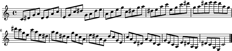 
{

\modalTranspose c c' { c dis e g a } { c8 dis g a } 
\modalTranspose c dis' { c dis e g a } { c dis g a } 
\modalTranspose c e' { c dis e g a } { c dis g a } 
\modalTranspose c g' { c dis e g a } { c dis g a } 
\modalTranspose c a' { c dis e g a } { c dis g a } 
\modalTranspose c c'' { c dis e g a } { c dis g a } 
\modalTranspose c dis'' { c dis e g a } { c dis g a } 
\modalTranspose c e'' { c dis e g a } { c dis g a } 
\modalTranspose c g'' { c dis e g a } { c dis g a } 

\modalInversion c e''' { c dis e g a } { c dis g a } 
\modalInversion c dis''' { c dis e g a } { c dis g a } 
\modalInversion c c''' { c dis e g a } { c dis g a } 
\modalInversion c a'' { c dis e g a } { c dis g a } 
\modalInversion c g'' { c dis e g a } { c dis g a } 
\modalInversion c e'' { c dis e g a } { c dis g a } 
\modalInversion c dis'' { c dis e g a } { c dis g a } 
\modalInversion c c'' { c dis e g a } { c dis g a } 
\modalInversion c a' { c dis e g a } { c dis g a } 
\modalInversion c g' { c dis e g a } { c dis g a } 
\modalInversion c e' { c dis e g a } { c dis g a } 
\modalInversion c dis' { c dis e g a } { c dis g a } 

c'2

\bar "|."
}
