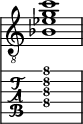  
<<
  %\override Score.BarLine.break-visibility = ##(#f #t #t)
  \time 1/1
    \new Staff  {
    \clef "treble_8"
        \once \override Staff.TimeSignature #'stencil = ##f
        <  bes ees' g' c''>1
    }

     \new TabStaff {
       \override Stem #'transparent = ##t
       \override Beam #'transparent = ##t 
      <  ais\4 dis'\3 g'\2 c''\1>1
  }
>>
