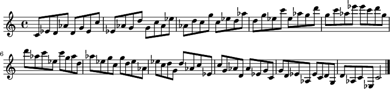 
{

\modalTranspose c c' { c d ees g aes } { c8 ees d aes } 
\modalTranspose c d' { c d ees g aes } { c ees d aes } 
\modalTranspose c ees' { c d ees g aes } { c ees d aes } 
\modalTranspose c g' { c d ees g aes } { c ees d aes } 
\modalTranspose c aes' { c d ees g aes } { c ees d aes } 
\modalTranspose c c'' { c d ees g aes } { c ees d aes } 
\modalTranspose c d'' { c d ees g aes } { c ees d aes } 
\modalTranspose c ees'' { c d ees g aes } { c ees d aes } 
\modalTranspose c g'' { c d ees g aes } { c ees d aes } 

\modalInversion c ees''' { c d ees g aes } { c ees d aes } 
\modalInversion c d''' { c d ees g aes } { c ees d aes } 
\modalInversion c c''' { c d ees g aes } { c ees d aes } 
\modalInversion c aes'' { c d ees g aes } { c ees d aes } 
\modalInversion c g'' { c d ees g aes } { c ees d aes } 
\modalInversion c ees'' { c d ees g aes } { c ees d aes } 
\modalInversion c d'' { c d ees g aes } { c ees d aes } 
\modalInversion c c'' { c d ees g aes } { c ees d aes } 
\modalInversion c aes' { c d ees g aes } { c ees d aes } 
\modalInversion c g' { c d ees g aes } { c ees d aes } 
\modalInversion c ees' { c d ees g aes } { c ees d aes } 
\modalInversion c d' { c d ees g aes } { c ees d aes } 

c'2

\bar "|."
}
