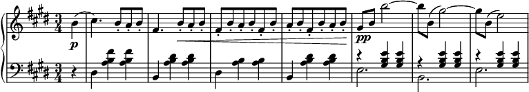 
\new PianoStaff <<{ \new Staff {\key cis \minor \time 3/4 \set Score.tempoHideNote = ##t \tempo 2. = 54 \relative a'  { \partial 4 b(\p cis4.) b8-. a-. b-. fis4. b8-.\< a-. b-. fis[-. b-. a-. b-. fis-. b]-. a[-. b-. fis-. b-. a-. b]-.\! gis[_\markup{\halign #-1 \dynamic pp} b] b'2)~ b8 b,( gis'2)~ gis8 b,( e2) } }}
   \new Staff {\clef bass \key cis \minor \time 3/4  \relative a {r4 dis, <a' b fis'> q b, <a' b dis> q dis, <a' b> q b, <a' b dis> q 
<<
{r4 <gis b e>4 q r <gis b e> q r <gis b e> q}
\\
{e2. b e }
>>
}}
>>