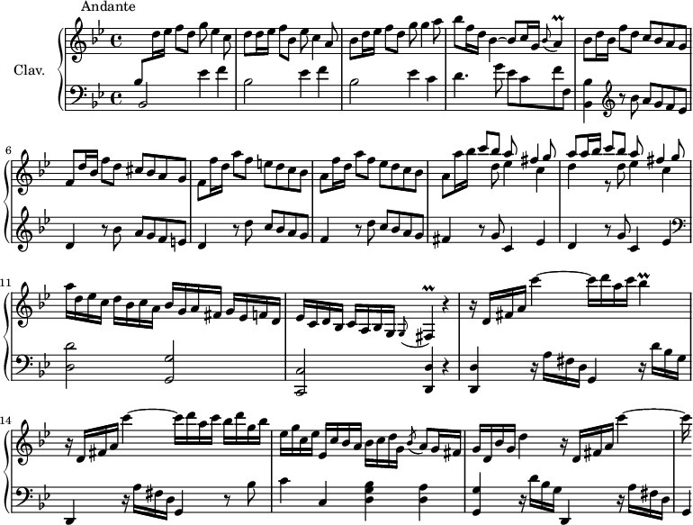 
\version "2.18.2"
\header {
  tagline = ##f
  % composer = "Domenico Scarlatti"
  % opus = "K. 266"
  % meter = "Andante"
}

  \header {
    piece = "                  Andante"
  }

%% les petites notes
trillA        = { \tag #'print { a4\prall } \tag #'midi { bes32 a bes a~ a8} }
trillFis      = { \tag #'print { \appoggiatura g8 fis4\prall } \tag #'midi { g32 fis g fis~ fis8 } }
trillBes      = { \tag #'print { bes4\prall } \tag #'midi { c32 bes c bes~ bes8} }
 
upper = \relative c'' {
  \clef treble 
  \key bes \major
  \time 4/4
  \tempo 4 = 82
  \set Staff.midiInstrument = #"harpsichord"
  \override TupletBracket.bracket-visibility = ##f

      %s8*0^\markup{Andante}
      \stemUp  \change Staff = "lower" bes,8  \stemNeutral  \change Staff = "upper" d'16 ees f8 d g ees4 c8 | d8 d16 ees f8 bes, ees c4 a8 | bes8 d16 ees f8 d g8 g4 a8 |
      % ms. 4
      bes8 f16 d bes4~ bes8 c16 g \appoggiatura bes8 \trillA | bes8 d16 bes f'8 d c bes a g | f d'16 bes f'8 d cis bes a g |
      % ms. 7
      f8 f'16 d a'8 f e d c bes | a8 f'16 d a'8 f ees d c bes | a8 a'16 bes << { c8 bes a fis4 g8 | a8 a16 bes c8 bes a fis4 g8 } \\ { s8 d8 ees4 c | d r8 d8 ees4 c } >>
      % ms. 11
      a'16 d, ees c d bes c a bes g a fis g ees f d | ees c d bes c a bes g \trillFis r4 |
      % ms. 13
      r16 d'16 fis a c'4~ c16 d a c \trillBes | r16 d,,16 fis a c'4~ c16 d a c bes d g, bes |
      % ms. 15
      ees,16 g c, ees ees, c' bes a bes c d g, \acciaccatura bes8 a8 g16 fis | g d bes' g d'4 r16 d,16 fis a c'4~ |
      % ms. 17
      c16
      % ms. 19
      
      % ms. 21
      

}

lower = \relative c' {
  \clef bass
  \key bes \major
  \time 4/4
  \set Staff.midiInstrument = #"harpsichord"
  \override TupletBracket.bracket-visibility = ##f

    % ************************************** \appoggiatura a16  \repeat unfold 2 {  } \times 2/3 { }   \omit TupletNumber 
      \shiftOn bes,2 ees'4 f | bes,2 ees4 f | bes,2 ees4 c |
      % ms. 4
      d4. g8 ees c f f, | < bes, bes' >4   \clef treble  r8 bes''8 a g f ees | d4 r8 bes'8 a g f e |
      % ms. 7
      d4 r8 d'8 c bes a g | f4 r8 d'8 c bes a g | fis4 r8 g8 c,4 ees |
      % ms. 10
      d4 r8 g8 c,4 ees | \clef bass  < d, d' >2 < g, g' > < c, c' > < d d' >4 r4 |
      % ms. 13
      < d d' >4 r16 a''16 fis d g,4 r16 d''16 bes g  | d,4 r16 a''16 fis d g,4 r8 bes'8 |
      % ms. 15
      c4 c, < d g bes >4 < d a' > | < g, g' > r16 d''16 bes g d,4 r16 a''16 fis d |
      % ms. 17
      g,4*1/4
      % ms. 19
      
      % ms. 21
      

}

thePianoStaff = \new PianoStaff <<
    \set PianoStaff.instrumentName = #"Clav."
    \new Staff = "upper" \upper
    \new Staff = "lower" \lower
  >>

\score {
  \keepWithTag #'print \thePianoStaff
  \layout {
      #(layout-set-staff-size 17)
    \context {
      \Score
     \override SpacingSpanner.common-shortest-duration = #(ly:make-moment 1/2)
      \remove "Metronome_mark_engraver"
    }
  }
}

\score {
  \keepWithTag #'midi \thePianoStaff
  \midi { }
}
