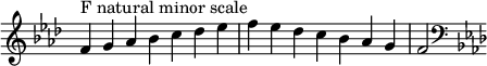  {
\override Score.TimeSignature #'stencil = ##f
\relative c' {
 \clef treble \key f \minor \time 7/4
 f4^\markup "F natural minor scale" g aes bes c des es f es des c bes aes g f2
 \clef bass \key f \minor
} }
