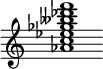 {
  % Rivin lopun pystyviiva ja tahtiosoitus piiloon.
  \override Score.BarLine.break-visibility = ##(#f #t #t)
  \override Staff.TimeSignature #'stencil = ##f
  
  <aes' c'' ees'' ges'' beses'' des''' f'''>1
}
