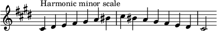  {\n\\omit Score.TimeSignature \\relative c' {\n  \\key cis \\minor \\time 7/4 cis^"Harmonic minor scale" dis e fis gis a bis cis bis a gis fis e dis cis2\n} }\n