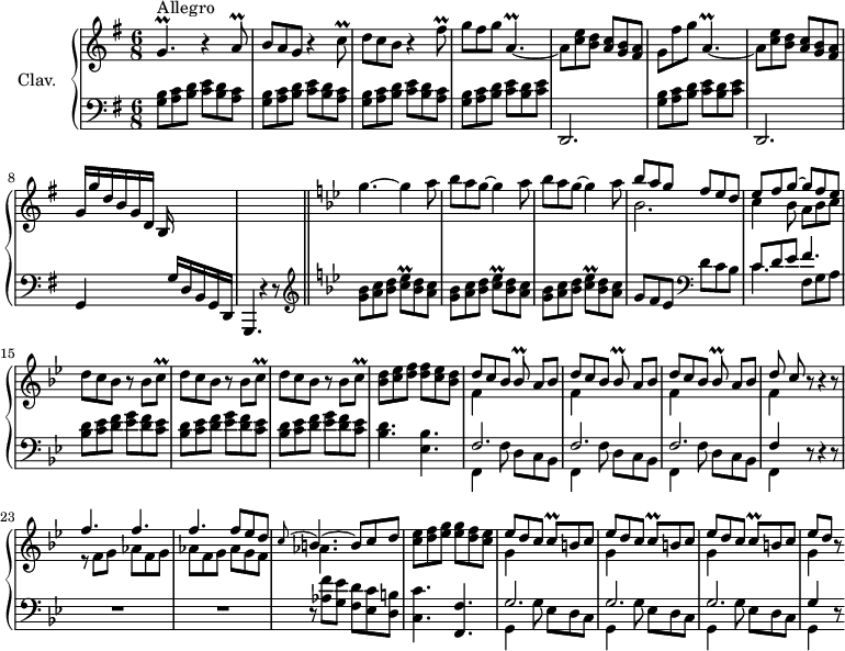 
\version "2.18.2"
\header {
  tagline = ##f
  % composer = "Domenico Scarlatti"
  % opus = "K. 494"
  % meter = "Allegro"
}

%% les petites notes
trillGp       = { \tag #'print { g4.\prall } \tag #'midi { a32 g a g~ g4 } }
trillaq       = { \tag #'print { a8\prall } \tag #'midi { b32 a b a } }
trillcq       = { \tag #'print { c8\prall } \tag #'midi { d32 c d c } }
trillFisqUp   = { \tag #'print { fis'8\prall } \tag #'midi { g32 fis g fis } }
trillApDown   = { \tag #'print { a,4.\prall~ } \tag #'midi { b32 a b a~ a4~ } }
trillCeESq    = { \tag #'print { < c ees >8\prall } \tag #'midi { << { f32 ees f ees } \\ { c8 } >> } }
trillBesq     = { \tag #'print { bes8\prall } \tag #'midi { c32 bes c bes } }

upper = \relative c'' {
  \clef treble 
  \key g \major
  \time 6/8
  \tempo 4. = 88

      s8*0^\markup{Allegro}
      \trillGp r4 \trillaq | b8 a g r4 \trillcq | d8 c b r4 \trillFisqUp | g8 fis g \trillApDown |
      % ms. 5
      a8 < c e > < b d > < a c > < g b > < fis a > | g fis' g \trillApDown | a8 < c e > < b d > < a c > < g b > < fis a > | g16 g' d b g d b s16 s4 | s2. |   \key g \minor
      % ms. 10
      g''4.~ g4 \repeat unfold 2 { a8 | bes a g~ g4 } a8 | << { bes8 a g f ees d } \\ { bes2. } >>
      % ms. 14
      << { ees8 f g~ g f ees } \\ { c4 bes8 a bes c } >> | \repeat unfold 3 { d8 c bes r8 bes \trillcq } | 
      % ms. 18
      < bes d >8 < c ees > < d f > q < c ees > < bes d > | \repeat unfold 3 { << { d8 c bes \trillBesq a8[ bes] } \\ { f4 } >> } |
      << { d'8 c } \\ { f,4 } >> r8 r4 r8 |
      % ms. 23
      << { f'4. f f f8 ees d } \\ { r8 f,8 g aes f g | aes f g aes g f }  >> | << { \appoggiatura c'8 b4.~ b8 c d } \\ { aes4. } >> | < c ees >8 < d f > < ees g > q < d f > < c ees > |
      % ms. 27
      \repeat unfold 3 { << { ees8 d c \trillcq b8 c } \\ { g4 } >> } | << { ees'8[ d] } \\ { g,4 } >> r8

}

lower = \relative c' {
  \clef bass
  \key g \major
  \time 6/8

    % ************************************** \appoggiatura a16  \repeat unfold 2 {  } \times 2/3 { }   \omit TupletNumber 
      \repeat unfold 3 { < g b >8 < a c > < b d > < c e > < b d > < a c > } | \repeat unfold 2 { < g b >8 < a c > < b d > < c e > < b d > < c e > |
      % ms. 5
      d,,2. } | g4 s8. g'16 d b g d g,4. r4 r8 |  \bar "||"  \key g \minor   \clef treble 
      % ms. 10
      \repeat unfold 3 { < g''' bes >8 < a c > < bes d > \trillCeESq < bes d > < a c > } | g8 f ees   \clef bass d c bes |
      % ms. 14
      << { c8 d ees f4. } \\ { \mergeDifferentlyDottedOn c4. f,8 g a } >> |
      \repeat unfold 3 { < bes d >8 < c ees > < d f > < ees g > < d f > < c ees > }
      % ms. 18
      < bes d >4. < ees, bes' > |
      \repeat unfold 3 { << { f2. } \\ { f,4 f'8 d c bes } >> } | << { f'4 } \\ { f,4 } >> r8 r4 r8 |
      % ms. 23
      R2.*2 | r8 < aes' f' >8 < g ees' > < f d' > < ees c' > < d b' > | < c c' >4. < f, f' > |
      % ms. 27
      \repeat unfold 3 { << { g'2. } \\ { g,4 g'8 ees d c } >> } | <<  { g'4 } \\ { g,4 } >> r8

}

thePianoStaff = \new PianoStaff <<
    \set PianoStaff.instrumentName = #"Clav."
    \new Staff = "upper" \upper
    \new Staff = "lower" \lower
  >>

\score {
  \keepWithTag #'print \thePianoStaff
  \layout {
      #(layout-set-staff-size 17)
    \context {
      \Score
     \override TupletBracket.bracket-visibility = ##f
     \override SpacingSpanner.common-shortest-duration = #(ly:make-moment 1/2)
      \remove "Metronome_mark_engraver"
    }
  }
}

\score {
  \keepWithTag #'midi \thePianoStaff
  \midi { \set Staff.midiInstrument = #"harpsichord" }
}
