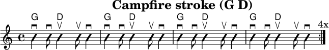 
\version "2.20.0"
\header {
  title="Campfire stroke (G D)"
  encoder="mjchael"
}

myChords = \new ChordNames { \chordmode {
    g4. d8 s2 g4. d8 s2 
    g4. d8 s2 g4. d8 s2
}}

Lager_G_a = {
  <g, b d>4 \downbow %1
  <g b g'>8 \downbow %2
}

Lager_D_b = { 
  <a d' fis'>4 \upbow 
  <a d' fis'>8 \upbow 
  <a d' fis'>4 \downbow
}

myRhythm = { \repeat volta 4 {
  \Lager_G_a \Lager_D_b \Lager_G_a \Lager_D_b
  \Lager_G_a \Lager_D_b \Lager_G_a \Lager_D_b
  \mark "4x"
}}

\score { << %layout
  % Chords
  \myChords
  % Slash Notation
  \new Voice \with {
    \consists "Pitch_squash_engraver"
  }{
    \set Staff.midiInstrument = "acoustic guitar (nylon)"
    \improvisationOn
    \override NoteHead.X-offset = 0
    \myRhythm
  }
>> \layout{} }

\score { << % midi
  \unfoldRepeats {
    \tempo 4 = 90
    \time 4/4
    \key d \major
    \set Staff.midiInstrument = #"acoustic guitar (nylon)"
    c4 b, a,
    \myRhythm 
    <g, b, d g b g,>1 \downbow
  }
>> \midi{} }

\paper {
  indent=0\mm
  line-width=180\mm
  oddFooterMarkup=##f
  oddHeaderMarkup=##f
  % bookTitleMarkup=##f
  scoreTitleMarkup=##f
}
