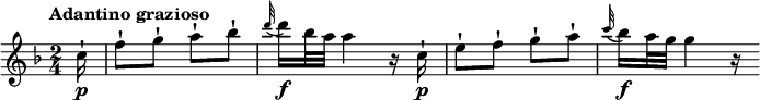 
\relative c' {
  \version "2.18.2"
  \key f \major
  \time 2/4
  \tempo "Adantino grazioso"
  \tempo 4 = 50
  \partial 4 \partial 8 \partial 16 c'16\p-! f8-! g-! a-! bes-! 
  \grace d32 (d16)\f bes32 a  a4 r16 c,16-!\p
  e8-! f-! g-! a-!
  \grace c32 (bes16)\f a32 g g4 r16
}
