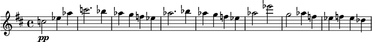 
\relative c'' {
  \key d \major
  c2\pp es4 as4 | c2. bes4 | as g f es | as2. bes4 | as g f es | as2 es' | g, as4 f | es f es des
}
