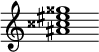 {
  % Rivin lopun pystyviiva ja tahtiosoitus piiloon.
  \override Score.BarLine.break-visibility = ##(#f #t #t)
  \override Staff.TimeSignature #'stencil = ##f
  
  <ais' cisis'' eis'' gisis''>1
}
