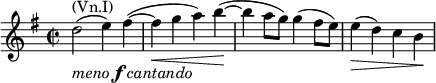  \relative e'' { \key e \minor \time 2/2 d2^\markup { (Vn.I)}_\markup { \italic { meno } \dynamic f \italic { cantando } }( e4) fis~( | fis\< g a) b\!~( | b a8 g) g4( fis8 e) | e4\>( d) c b\! }