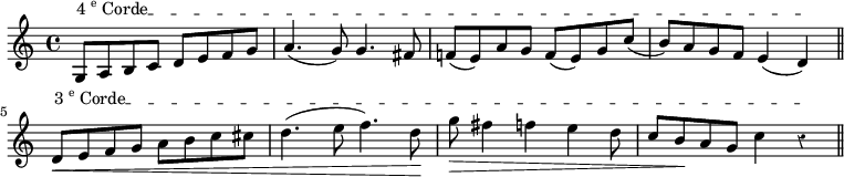 
\relative c' {
  \override Rest #'style = #'classical
  \override TextSpanner #'(bound-details left text) =
  \markup { \upright {4\super e Corde} }
  g8\startTextSpan a b c d e f g
  a4.( g8) g4. fis8
  f!( e) a g f( e) g c(
  b) a g f e4( d)\stopTextSpan
  \bar "||"
  \override TextSpanner #'(bound-details left text) =
  \markup { \upright {3\super e Corde} }
  d8\<\startTextSpan e f g a b c cis
  d4.( e8 f4.) d8\!
  g\> fis4 f e d8
  c b\! a g c4 r\stopTextSpan
  \bar "||"
}
