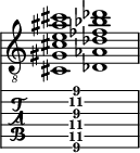  
<<
  %\override Score.BarLine.break-visibility = ##(#f #t #t)
  \time 2/1
    \new Staff  {
    \clef "treble_8"
        \once \override Staff.TimeSignature #'stencil = ##f
        <cis gis cis' e' ais' cis''>1 | <des aes des' fes' bes' des''>1 |
    }

     \new TabStaff {
       \override Stem #'transparent = ##t
       \override Beam #'transparent = ##t 
      s2 <cis\6 gis\5 cis'\4 e'\3 ais'\2 cis''\1>1 s2
  }
>>
