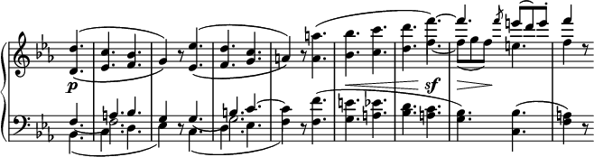
 \relative c' {
  \new PianoStaff <<
   \new Staff \with { \remove "Time_signature_engraver" } { \key es \major \time 6/8 \partial 4.
    <<
     {
      <d' d,>4.( _\( <c es,> <bes f> g4) \) b8\rest <es es,>4.( _\( <d f,> <c g> a4) \) b8\rest
      \stemDown <a' a,>4.( <bes bes,> <c c,> <d d,> f~) \stemUp f \slashedGrace f8 e8( d) e-. f4
     }
    \\
     { s4. s2. s s s s s4. f,4.~ f8( g f) e4. f4 d8\rest }
    >>
   }
   \new Dynamics {
    s4.\p s2. s s s s\< s4. s\sf s8\> s s\!
   }
   \new Staff \with { \remove "Time_signature_engraver" } { \key es \major \time 6/8 \clef bass
    <<
     { s2 }
    \\
     { \stemUp f,,4.~ \stemDown f2. s4. \stemUp g_\( \stemDown g2.\) }
    \\
     {
      \stemUp s4. a bes g4 s2 b4. c~ \stemDown c4 s8 <f f,>4.( <e g,> <es a,> <d bes> <c a>
      <bes g>) <bes c,>( <a f>4) d,8\rest
     }
    \\
     { bes4.( c4. d4. es4) d8\rest c4.( d es4. f4) d8\rest }
    >>
   }
  >>
 }
