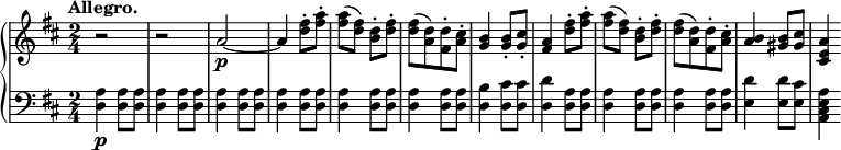 
 \relative b' {
  \new PianoStaff <<
   \new Staff { \key b \minor \time 2/4
    \tempo \markup { 
     \column {
      \line { Allegro. }
 }
   }
    r2 r a2~\p a4 <d fis>8-. <fis a>8-. <fis a>8( <d fis>) <b d>8-. <d fis>8-. <d fis>8[( <a d>) <fis d'>8-. <a cis>8-.] <g b>4 <g b>8-. <g cis>8-. <fis a>4 <d' fis>8-. <fis a>8-. <fis a>8( <d fis>) <b d>8-. <d fis>8-. <d fis>8[( <a d>) <fis d'>8-. <a cis>8-.] <a b>4 <gis b>8 <gis cis>8 <cis, e a>4
   }
   \new Dynamics {
    
    }
   \new Staff { \key b \minor \time 2/4 \clef bass
    <d, a'>4\p <d a'>8 <d a'> <d a'>4 <d a'>8 <d a'> <d a'>4 <d a'>8 <d a'> <d a'>4 <d a'>8 <d a'> <d a'>4 <d a'>8 <d a'> <d a'>4 <d a'>8 <d a'> <d b'>4 <d cis'>8 <d cis'> <d d'>4 <d a'>8 <d a'> <d a'>4 <d a'>8 <d a'> <d a'>4 <d a'>8 <d a'> <e d'>4 <e d'>8 <e cis'> <a, cis e a>4
   }
  >>
 }
