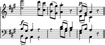 { \override Score.Rest #'style = #'classical \override Score.TimeSignature #'stencil = ##f \time 3/4 \key a \major << \relative e'' { <e e'>2 <d d'>8 <cis cis'> | <b b'>( <gis gis'>) <a a'>4-. r4 | << { b8^\p( gis) a4-. } \\ { d,8( e) cis4 } >> r \bar "||" }
\new Staff { \clef bass \key a \major << \relative b { b8^\f( gis) a4-. r | r d8( b) cis4-. | gis8 b a4 } \\ \relative b, { b8( gis) a4 r | s b'8 gis a4 | e a, } >> r } >> }