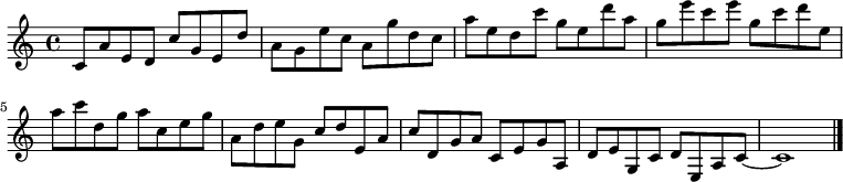 
{

\modalTranspose c c' { c d e g a } { c8 a e } 
\modalTranspose c d' { c d e g a } { c a e } 
\modalTranspose c e' { c d e g a } { c a e } 
\modalTranspose c g' { c d e g a } { c a e } 
\modalTranspose c a' { c d e g a } { c a e } 
\modalTranspose c c'' { c d e g a } { c a e } 
\modalTranspose c d'' { c d e g a } { c a e } 
\modalTranspose c e'' { c d e g a } { c a e } 
\modalTranspose c g'' { c d e g a } { c a e } 

\modalInversion c e''' { c d e g a } { c a e } 
\modalInversion c d''' { c d e g a } { c a e } 
\modalInversion c c''' { c d e g a } { c a e } 
\modalInversion c a'' { c d e g a } { c a e } 
\modalInversion c g'' { c d e g a } { c a e } 
\modalInversion c e'' { c d e g a } { c a e } 
\modalInversion c d'' { c d e g a } { c a e } 
\modalInversion c c'' { c d e g a } { c a e } 
\modalInversion c a' { c d e g a } { c a e } 
\modalInversion c g' { c d e g a } { c a e } 
\modalInversion c e' { c d e g a } { c a e } 
\modalInversion c d' { c d e g a } { c a e } 

c'~ c'1

\bar "|."
}
