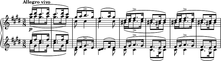 
 \relative c' {
  \new PianoStaff <<
   \new Staff { \key cis \minor \time 3/8 \tempo "Allegro vivo"
    <<
     {
      cis''16\p ( dis cis8. dis16 cis8. dis16 cis8) gis16( a b8.-> gis16) fis8.( a16 gis8)
      dis16( e fis8.-> e16 dis8. cis16 dis8) dis16( e fis8.-> e16 dis8. cis16 dis8)
     }
    \\
     {
      gis16( a gis8. a16 gis8. a16 gis8) cis,8 cis4 cis cis8
      bis16( cis dis8.-> cis16 bis8. ais16 bis8) bis16 cis dis8. cis16 bis8. ais16 bis8)
     }
    >>
   }
   \new Staff { \key cis \minor \time 3/8
    <<
     {
      e16( fis e8. fis16 e8. fis16 e8) e,16( fis gis8.-> e16) dis8.( fis16 e8)
      fis16( gis a8.-> gis16 fis8. e16 fis8) fis16( gis a8.-> gis16 fis8. e16 fis8)
     }
    \\
     {
      cis'16( gis cis8. gis16 cis8. gis16 cis8) cis, cis4 cis cis8
      cis cis4 cis8.( gis16 cis8) cis cis4 cis8.( gis16 cis8)
     }
    >>
   }
  >>
 }
