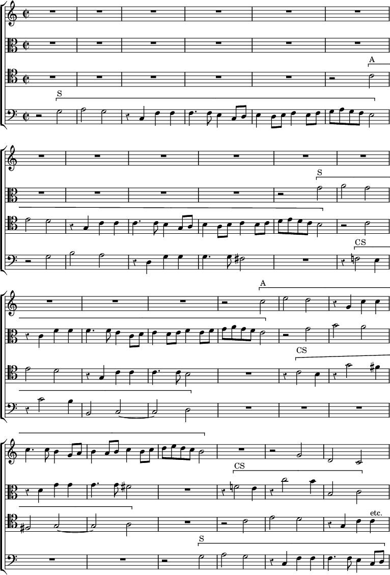 \new ChoirStaff << \override Score.BarNumber #'break-visibility = #'#(#f #f #f) \override Score.Rest #'style = #'classical
  \new Staff \relative c'' { \time 2/2 \key c \major
    R1*15 | r2 \[ c^"A" | e d | r4 g, c c | c4. c8 b4 g8 a |
    b4 a8 b c4 b8 c | d e d c b2 \] | R1 r2 g | d c }
  \new Staff \relative g' { \clef alto \key c \major
    R1*10 | r2 \[ g^"S" | a g | r4 c, f f | f4. f8 e4 c8 d |
    e4 d8 e f4 e8 f | g a g f e2 \] | r2 g | b a | r4 d, g g |
    g4. g8 fis2 | R1 r4 \[ f!2^"CS" e4 | r c'2 b4 | b,2 c }
  \new Staff \relative c' { \clef tenor \key c \major
    R1*5 | r2 \[ c^"A" | e d | r4 g, c c | c4. c8 b4 g8 a |
    b4 a8 b c4 b8 c | d e d c b2 \] | r2 c | e d | r4 g, c c |
    c4. c8 b2 | R1 r4 \[ c2^"CS" b4 | r g'2 fis4 | fis,2 g ~ |
    g a \] | R1 r2 c | e d | r4 g, c c^"etc." }
  \new Staff \relative g { \clef bass \key c \major
    r2 \[ g^"S" | a g | r4 c, f f | f4. f8 e4 c8 d |
    e4 d8 e f4 e8 f | g a g f e2 \] | r2 g | b a | r4 d, g g |
    g4. g8 fis2 | R1 | r4 \[ f!2^"CS" e4 | r4 c'2 b4 | b,2 c ~ |
    c d \] | R1*5 | r2 \[ g2^"S" | a g | r4 c, f f | f4. f8 e4 c8 d } >>
