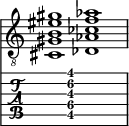  
<<
  %\override Score.BarLine.break-visibility = ##(#f #t #t)
  \time 2/1
    \new Staff  {
    \clef "treble_8"
        \once \override Staff.TimeSignature #'stencil = ##f
        < cis gis b eis' gis'>1 | < des aes ces' f' aes'>1 |
    }

     \new TabStaff {
       \override Stem #'transparent = ##t
       \override Beam #'transparent = ##t 
      s2 < cis\5 gis\4 b\3 f'\2 gis'\1>1 s2
  }
>>
