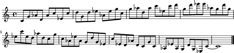 
{

\modalTranspose c c' { c d ees g aes } { c8 g aes } 
\modalTranspose c d' { c d ees g aes } { c g aes } 
\modalTranspose c ees' { c d ees g aes } { c g aes } 
\modalTranspose c g' { c d ees g aes } { c g aes } 
\modalTranspose c aes' { c d ees g aes } { c g aes } 
\modalTranspose c c'' { c d ees g aes } { c g aes } 
\modalTranspose c d'' { c d ees g aes } { c g aes } 
\modalTranspose c ees'' { c d ees g aes } { c g aes } 
\modalTranspose c g'' { c d ees g aes } { c g aes } 

\modalInversion c ees''' { c d ees g aes } { c g aes } 
\modalInversion c d''' { c d ees g aes } { c g aes } 
\modalInversion c c''' { c d ees g aes } { c g aes } 
\modalInversion c aes'' { c d ees g aes } { c g aes } 
\modalInversion c g'' { c d ees g aes } { c g aes } 
\modalInversion c ees'' { c d ees g aes } { c g aes } 
\modalInversion c d'' { c d ees g aes } { c g aes } 
\modalInversion c c'' { c d ees g aes } { c g aes } 
\modalInversion c aes' { c d ees g aes } { c g aes } 
\modalInversion c g' { c d ees g aes } { c g aes } 
\modalInversion c ees' { c d ees g aes } { c g aes } 
\modalInversion c d' { c d ees g aes } { c g aes } 

c'~ c'1

\bar "|."
}
