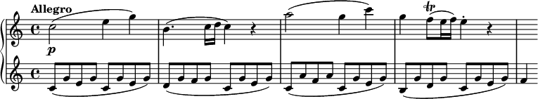 
\new PianoStaff <<
  \new Staff = "right" \with {
    midiInstrument = "acoustic grand"
  } \relative c'' {
    \tempo "Allegro"
    c2\p( e4 g) \noBreak
    b,4.( c16 d c4) r \noBreak
    a'2( g4 c) \noBreak
    g f8\trill( e16 f) e4-. r \noBreak
    s4
  }
  \new Staff = "left" \with {
    midiInstrument = "acoustic grand"
  } \relative c' {
    c8( g' e g c, g' e g)
    d( g f g c, g' e g)
    c,( a' f a c, g' e g)
    b,( g' d g c, g' e g)
    f4
  }
>>
\midi {
  \context {
    \Score
    tempoWholesPerMinute = #(ly:make-moment 120 4)
  }
}
