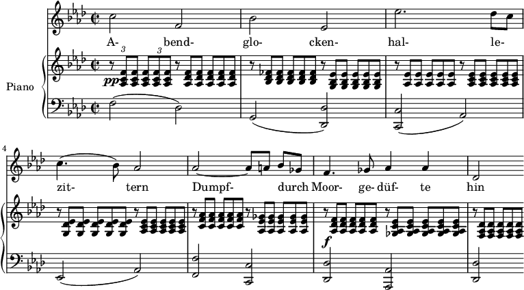 
\version "2.18.2"
\header {
  tagline = ##f
}
%%%% Schubert, Der Herbstabend / début


%%%%%% VOIX %%%%%
melody = \relative c'' {
  \clef treble
  \key f \minor
  \time 2/2
  \tempo 4 = 72
  \override TupletBracket #'bracket-visibility = ##f

   c2 f, bes ees, ees'2. des8[ c] c4.( bes8) aes2 
   aes2~ aes8[ a] bes[ ges] | f4. ges8 aes4 aes des,2 
   
}

text = \lyricmode {
  A- bend- glo- cken- hal- le- zit- tern Dumpf- durch Moor- ge- düf- te hin ;
}

   %%%%%% PIANO %%%%%
upper = \relative c' {
  \clef treble
  \key f \minor
  \time 2/2  \override TupletBracket #'bracket-visibility = ##f 

   % ms. 1
   \times 2/3 { r8\pp < aes c f >8 q } \times 2/3 { < aes c f >8[ q q] } \omit TupletNumber  
   \times 2/3 { r8 < aes des f >8 q } \times 2/3 { < aes des f >8[ q q] } |
   % ms. 2
   \times 2/3 { r8 < bes des fes >8 q } \times 2/3 { < bes des fes >8[ q q] }  
   \times 2/3 { r8 < g bes ees >8 q } \times 2/3 { < g bes ees >8[ q q] } | 
   % ms. 3
   \times 2/3 { r8 < aes ees' >8 q } \times 2/3 { < aes ees' >8[ q q] }  
   \times 2/3 { r8 < aes c ees >8 q } \times 2/3 { < aes c ees >8[ q q] } | 
   % ms. 4
   \times 2/3 { r8 < g des' ees >8 q } \times 2/3 { < g des' ees >8[ q q] }  
   \times 2/3 { r8 < aes c ees >8 q } \times 2/3 { < aes c ees >8[ q q] } | 
   % ms. 5
   \times 2/3 { r8 < c f aes >8 q } \times 2/3 { < c f aes >8[ q q] }  
   \times 2/3 { r8 < aes ees' ges >8 q } \times 2/3 { < aes ees' ges >8[ q q] } | 
   % ms. 6
   \times 2/3 { r8\f < aes des f >8 q } \times 2/3 { < aes des f >8[ q q] }  
   \times 2/3 { r8 < ges aes c ees >8 q } \times 2/3 { < ges aes c ees >8[ q q] } | 

   \times 2/3 { r8 < f aes des >8 q } \times 2/3 { < f aes des >8[ q q] } | 

}

lower = \relative c {
  \clef bass
  \key f \minor
  \time 2/2

   f2( des) g,( < des' des, >) < c c,>( aes) ees( aes) | < f' f, > < c c,>\crescTextCresc < des des,> < aes aes, > < des des,>

}

\score {
  <<
    \new Voice = "mel" { \autoBeamOff \melody }
    \new Lyrics \lyricsto mel \text
    \new PianoStaff <<
    \set PianoStaff.instrumentName = #"Piano"
      \new Staff = "upper" \upper
      \new Staff = "lower" \lower
    >>
  >>
  \layout {
    \context { \Staff \RemoveEmptyStaves }
     \context { \Score \remove "Metronome_mark_engraver" 
     \override SpacingSpanner.common-shortest-duration = #(ly:make-moment 1/3)
     }
  }
  \midi { }
}
