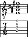  
<<
  %\override Score.BarLine.break-visibility = ##(#f #t #t)
  \time 1/1
    \new Staff  {
    \clef "treble_8"
        \once \override Staff.TimeSignature #'stencil = ##f
        <  e ais dis' gis'>1
    }

     \new TabStaff {
       \override Stem #'transparent = ##t
       \override Beam #'transparent = ##t 
      <  e\4 ais\3 dis'\2 gis'\1>1
  }
>>
