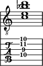  
<<
  %\override Score.BarLine.break-visibility = ##(#f #t #t)
  \time 1/1
    \new Staff  {
    \clef "treble_8"
        \once \override Staff.TimeSignature #'stencil = ##f
        <  c' e' bes' d''>1
    }

     \new TabStaff {
       \override Stem #'transparent = ##t
       \override Beam #'transparent = ##t 
      <  c'\4 e'\3 ais'\2 d''\1>1
  }
>>
