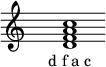 
\relative c'{
\override Staff.TimeSignature #'stencil = ##f
\cadenzaOn s1 <d f a c> s1 \cadenzaOff
}
\addlyrics { \small { d_f_a_c } } 
