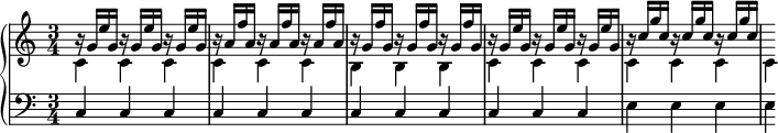 
\version "2.18.2"
\header {
  tagline = ##f
}

upper = \relative c'' {
    \clef treble 
    \key c \major
    \time 3/4
    \tempo 4 = 62 
    \set Staff.midiInstrument = #"harpsichord" 

   %% Fischer
   
   << { \repeat unfold 3 { b16\rest g16 e' g, }
   \repeat unfold 3 { b16\rest a16 f' a, }
   \repeat unfold 3 { b16\rest g16 f' g, }
   \repeat unfold 3 { b16\rest g16 e' g, }
   \repeat unfold 3 { b16\rest c16 g' c, }
   } \\ { \repeat unfold 6 { c,4 } \repeat unfold 3 { b } \repeat unfold 7 { c } } >>

}

lower = \relative c {
    \clef bass 
    \key c \major
    \time 3/4
    \set Staff.midiInstrument = #"harpsichord" 

    \repeat unfold 12 { c4 } \repeat unfold 4 { e }
} 

\score {
  \new PianoStaff <<
    \set PianoStaff.instrumentName = #""
    \new Staff = "upper" \upper
    \new Staff = "lower" \lower
  >>
  \layout {
    \context {
      \Score
      \remove "Metronome_mark_engraver"
      \override SpacingSpanner.common-shortest-duration = #(ly:make-moment 1/2)
    }
  }
  \midi { }
}
