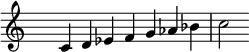 
\relative c' { 
  \clef treble \time 7/4 \hide Staff.TimeSignature
  c4^\markup { บันไดเสียงซีเนเชอรัลไมเนอร์ } d es f g aes bes c2
  }
