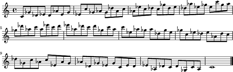 
{

\modalTranspose c c' { c des ees ges aes } { c8 ges des ees } 
\modalTranspose c des' { c des ees ges aes } { c ges des ees } 
\modalTranspose c ees' { c des ees ges aes } { c ges des ees } 
\modalTranspose c ges' { c des ees ges aes } { c ges des ees } 
\modalTranspose c aes' { c des ees ges aes } { c ges des ees } 
\modalTranspose c c'' { c des ees ges aes } { c ges des ees } 
\modalTranspose c des'' { c des ees ges aes } { c ges des ees } 
\modalTranspose c ees'' { c des ees ges aes } { c ges des ees } 
\modalTranspose c ges'' { c des ees ges aes } { c ges des ees } 
\modalTranspose c aes'' { c des ees ges aes } { c ges des ees } 

\modalInversion c ees''' { c des ees ges aes } { c ges des ees } 
\modalInversion c des''' { c des ees ges aes } { c ges des ees } 
\modalInversion c c''' { c des ees ges aes } { c ges des ees } 
\modalInversion c aes'' { c des ees ges aes } { c ges des ees } 
\modalInversion c ges'' { c des ees ges aes } { c ges des ees } 
\modalInversion c ees'' { c des ees ges aes } { c ges des ees } 
\modalInversion c des'' { c des ees ges aes } { c ges des ees } 
\modalInversion c c'' { c des ees ges aes } { c ges des ees } 
\modalInversion c aes' { c des ees ges aes } { c ges des ees } 
\modalInversion c ges' { c des ees ges aes } { c ges des ees } 
\modalInversion c ees' { c des ees ges aes } { c ges des ees } 
\modalInversion c des' { c des ees ges aes } { c ges des ees } 

c'1

\bar "|."
}
