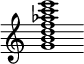 {
  % Rivin lopun pystyviiva ja tahtiosoitus piiloon.
  \override Score.BarLine.break-visibility = ##(#f #t #t)
  \override Staff.TimeSignature #'stencil = ##f
  
  <g' b' d'' f'' aes'' c''' e'''>1
}
