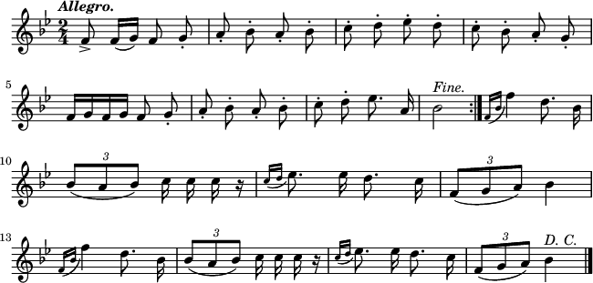 
\version "2.16.2"
\header {
  tagline = ##f
}
\score {
  <<
    \new Voice {
      \autoBeamOff
      \relative c' {
        \clef treble
        \key bes \major
        \time 2/4
        \tempo \markup { \italic { Allegro. } }
\repeat volta 2 { f8-> f16 ([g]) f8 g-. | a-. bes-. a-. bes-. | c-. d-. ees-. d-. | c-. bes-. a-. g-.  | \break
f16 [ g f g ] f8 g-. | a-. bes-. a-. bes-. | c-. d-. ees8. a,16 | bes2^\markup { \italic {Fine.}} } \acciaccatura { f16 [bes] } f'4 d8. bes16 | \break
\times 2/3 {bes8 [(a bes)]} c16 c c r | \acciaccatura { c16 [d] } ees8. ees16 d8. c16 | \times 2/3 {f,8 [(g a)]} bes4 | \break
\acciaccatura { f16 [bes] } f'4 d8. bes16 | \times 2/3 {bes8 [(a bes)]} c16 c c r | \acciaccatura { c16 [d] } ees8. ees16 d8. c16 | \times 2/3 {f,8 [(g a)]} bes4^\markup { \italic {D. C.}} \bar "|." 
      }
    }
  >>
  \layout { 
    indent = #00
    line-width = #160
   %ragged-last = ##t
  }
  \midi {
    \context {
      \Score
      tempoWholesPerMinute = #(ly:make-moment 144 4)
    }
  }
}
