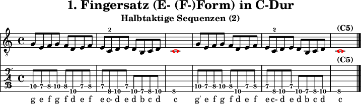 
\version "2.20.0"
\header {
  title="1. Fingersatz (E- (F-)Form) in C-Dur"
  subtitle="Halbtaktige Sequenzen (2)"
}
%% Diskant- bzw. Melodiesaiten
Diskant = \relative c' {
  \set TabStaff.minimumFret = #7
  \set TabStaff.restrainOpenStrings = ##t
  \key c \major
  g8 e f g f d e f
  e c-2 d e d b c d  \once \override NoteHead #'color = #red c1 
  g'8 e f g f d e f
  e c-2 d e d b c d   \once \override NoteHead #'color = #red c1^\markup { \bold {(C5)} }
  \bar "|."
}

%% Layout- bzw. Bildausgabe
\score {
  <<
    \new Voice  { 
      \clef "treble_8" 
      \time 4/4  
      \tempo 4 = 120 
      \set Score.tempoHideNote = ##t
      \Diskant \addlyrics {
        g8 e f g f d e f
  e c-2 d e d b c d  c
  g'8 e f g f d e f
  e c-2 d e d b c d c
      }
    }
    \new TabStaff { \tabFullNotation \Diskant }
  >>
  \layout {}
}

%% Midiausgabe mit Wiederholungen, ohne Akkorde
\score {
  <<
    \unfoldRepeats {
      \new Staff  <<
        \tempo 4 = 120
        \time 4/4
        \set Staff.midiInstrument = #"acoustic guitar (nylon)"
        \clef "G_8"
        \Diskant
      >>
    }
  >>
  \midi {}
}
%% unterdrückt im raw="!"-Modus das DinA4-Format.
\paper {
  indent=0\mm
  %% DinA4 = 210mm - 10mm Rand - 20mm Lochrand = 180mm
  line-width=180\mm
  oddFooterMarkup=##f
  oddHeaderMarkup=##f
  % bookTitleMarkup=##f
  scoreTitleMarkup=##f
}
