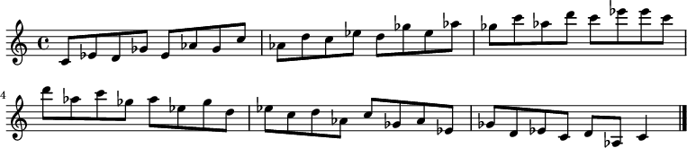 
{

\modalTranspose c c' { c d ees ges aes } { c8 ees } 
\modalTranspose c d' { c d ees ges aes } { c ees } 
\modalTranspose c ees' { c d ees ges aes } { c ees } 
\modalTranspose c ges' { c d ees ges aes } { c ees } 
\modalTranspose c aes' { c d ees ges aes } { c ees } 
\modalTranspose c c'' { c d ees ges aes } { c ees } 
\modalTranspose c d'' { c d ees ges aes } { c ees } 
\modalTranspose c ees'' { c d ees ges aes } { c ees } 
\modalTranspose c ges'' { c d ees ges aes } { c ees } 
\modalTranspose c aes'' { c d ees ges aes } { c ees } 
\modalTranspose c c''' { c d ees ges aes } { c ees } 

\modalInversion c ees''' { c d ees ges aes } { c ees } 
\modalInversion c d''' { c d ees ges aes } { c ees } 
\modalInversion c c''' { c d ees ges aes } { c ees } 
\modalInversion c aes'' { c d ees ges aes } { c ees } 
\modalInversion c ges'' { c d ees ges aes } { c ees } 
\modalInversion c ees'' { c d ees ges aes } { c ees } 
\modalInversion c d'' { c d ees ges aes } { c ees } 
\modalInversion c c'' { c d ees ges aes } { c ees } 
\modalInversion c aes' { c d ees ges aes } { c ees } 
\modalInversion c ges' { c d ees ges aes } { c ees } 
\modalInversion c ees' { c d ees ges aes } { c ees } 
\modalInversion c d' { c d ees ges aes } { c ees } 

c'4

\bar "|."
}
