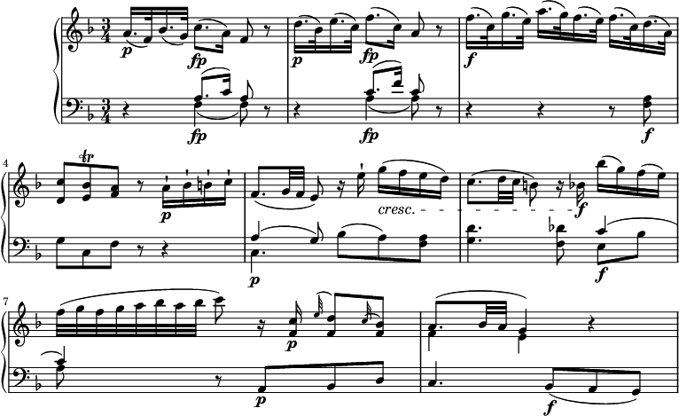 
\version "2.18.2"
\header {
  tagline = ##f
}
upper = \relative c'' {
         \clef "treble" 
         \tempo "Andante un poco afagio"
         \key f \major
         \time 3/4 
         \tempo 4 = 50
       a16.\p (f32) bes16. (g32) c8.\fp (a16) f8 r
       d'16.\p (bes32) e16. (c32) f8.\fp (c16) a8 r
       f'16.\f (c32)  g'16. (e32)  a16. (g32)  f16. (e32) f16. (c32) d16. (a32)
       <d, c'>8 <e bes'>\trill <f a> r a16-!\p bes-! b-! c-!
       f,8. (g32 f e8) r16 e'-! g\cresc (f e d)
       c8. (d32 c b8) r16 bes!\f bes' (g) f (e)
       f32 (g f g a bes a bes c8) r16 <f,, c'> \p  \grace e'32 ^(<f, d'>8) \grace c'32 ^(<f, bes>8)
       <<{a8. (bes32 a g4) } \\ {f e}>> r4
}

lower =\relative c' {      
         \clef "bass" 
         \key f \major
         \time 3/4 
\set Staff.midiMinimumVolume = #0.2 
\set Staff.midiMaximumVolume = #0.4
        r4 <<{a8. (c16) a8} \\ {f4\fp (f8)}>> r8
        r4 <<{c'8. (f16) c8} \\ {a4\fp (a8)}>> r8
        r4 r r8 <f a>\f
        g c, f r r4
        <<{a4 (g8)} \\ {c,4.\p}>> bes'8 (a) <f a>
        <g d'>4. <f des'>8 <<{c'4 (c) } \\ {e,8\f bes' a}>> 
         r8 a,\p bes d
         c4. bes8\f (a g)
} 

\score {
  \new PianoStaff <<
    
    \new Staff = "upper" \upper
    \new Staff = "lower" \lower
  >>
  \layout {
    \context {
      \Score
      \remove "Metronome_mark_engraver"
    }
  }
  \midi { }
}
