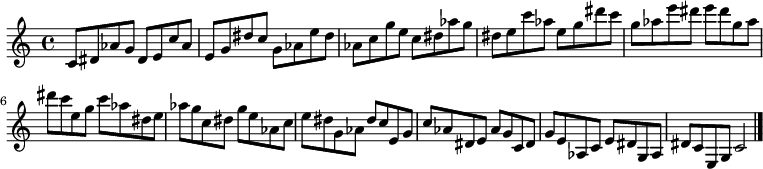 
{

\modalTranspose c c' { c dis e g aes } { c8 dis aes g } 
\modalTranspose c dis' { c dis e g aes } { c dis aes g } 
\modalTranspose c e' { c dis e g aes } { c dis aes g } 
\modalTranspose c g' { c dis e g aes } { c dis aes g } 
\modalTranspose c aes' { c dis e g aes } { c dis aes g } 
\modalTranspose c c'' { c dis e g aes } { c dis aes g } 
\modalTranspose c dis'' { c dis e g aes } { c dis aes g } 
\modalTranspose c e'' { c dis e g aes } { c dis aes g } 
\modalTranspose c g'' { c dis e g aes } { c dis aes g } 

\modalInversion c e''' { c dis e g aes } { c dis aes g } 
\modalInversion c dis''' { c dis e g aes } { c dis aes g } 
\modalInversion c c''' { c dis e g aes } { c dis aes g } 
\modalInversion c aes'' { c dis e g aes } { c dis aes g } 
\modalInversion c g'' { c dis e g aes } { c dis aes g } 
\modalInversion c e'' { c dis e g aes } { c dis aes g } 
\modalInversion c dis'' { c dis e g aes } { c dis aes g } 
\modalInversion c c'' { c dis e g aes } { c dis aes g } 
\modalInversion c aes' { c dis e g aes } { c dis aes g } 
\modalInversion c g' { c dis e g aes } { c dis aes g } 
\modalInversion c e' { c dis e g aes } { c dis aes g } 
\modalInversion c dis' { c dis e g aes } { c dis aes g } 

c'2

\bar "|."
}
