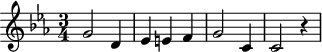 
\header {
  tagline = ##f
}

\score {
  \new Staff \with {

  }
<<
  \relative c'' {
    \key ees \major
    \time 3/4
    \tempo 4 = 80
    \override TupletBracket #'bracket-visibility = ##f 
    %\autoBeamOff
    \set Staff.midiInstrument = #"string ensemble 1"

     %%%%%%%%%%%%%%%%%%%%%%%%%% AB 3-2 th2
     g2 d4 ees e! f g2 c,4 c2 r4

  }
>>
  \layout {
    \context { \Score \remove "Metronome_mark_engraver"
    }
  }
  \midi {}
}
