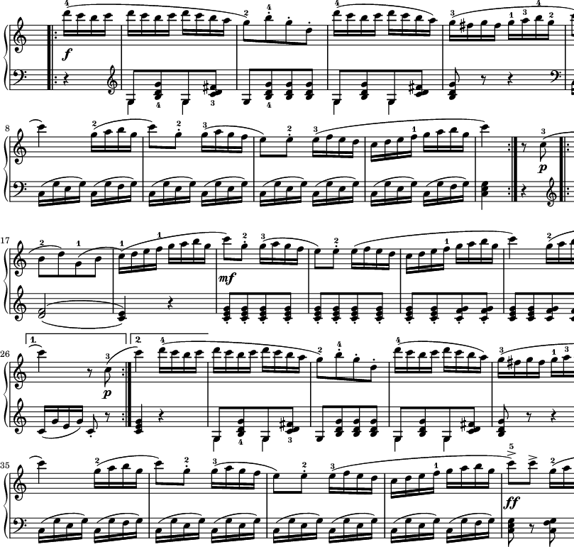 
sVarB = { r4 \clef "violin" | << { \voiceOne g'8[<b d g>_4 g <c d fis>_3] } \new Voice { \voiceTwo g4 g } >> | \oneVoice g8[<b d g>_4 <b d g> <b d g>] | << { \voiceOne g8[<b d g> g <c d fis>] } \new Voice { \voiceTwo g4 g } >> | \oneVoice <b d g>8 r r4 \clef "bass" | c,16([g' e g]) c,([g' e g]) | c,16([g' e g]) c,([g' e g]) | c,16([g' e g]) c,([g' f g]) | c,16([g' e g]) c,([g' f g]) | c,16([g' e g]) c,([g' e g]) | c,16([g' e g]) c,([g' e g]) | c,16([g' e g]) c,([g' f g]) | <c, e g>4 r \clef "violin" | \set doubleSlurs = ##t <d' f>2_1_3( | <c e>_2_4) | <d f>( | <c e>) | <d f>( | <c e>4) r \set doubleSlurs = ##f | <c e g>8_.[<c e g>_. <c e g>_. <c e g>_.] | <c e g>_.[<c e g>_. <c e g>_. <c e g>_.] | <c e g>_.[<c e g>_. <c f g>_. <c f g>_.] | 
<c e g>[<c e g> <c f g> <c f g>] | <c e>16([g' e g]) <c, e>([g' e g]) | c,([g' e g]) c,([g' e g]) | c,([g' e g]) c,([g' f g]) | c,([g' e g]) c,8_. r | <c e g>4 r | 
<< { \voiceOne g8[<b d g>_4 g <c d fis>_3] } \new Voice { \voiceTwo g4 g } >> | \oneVoice g8[<b d g> <b d g> <b d g>] | << { \voiceOne g8[<b d g> g <c d fis>] } \new Voice { \voiceTwo g4 g } >> | \oneVoice <b d g>8 r r4 \clef "bass" | c,16([g' e g]) c,([g' e g]) | c,16([g' e g]) c,([g' e g]) | c,16([g' e g]) c,([g' f g]) | c,16([g' e g]) c,([g' f g]) | c,16([g' e g]) c,([g' e g]) | c,16([g' e g]) c,([g' e g]) | c,16([g' e g]) c,([g' f g]) | <c, e g>8 r <c f g> r | <c e g>8 r <c f g> r | <c e g>8 r <c e g> r | <c e g>4 << { \voiceOne \crossStaff { \autoBeamOff g'8 g | <e g>4 } } \new Voice { \voiceTwo c8_1[c] | c,4 } >> }

sVarA = { \bar ".|:" \repeat volta 2 { d16-4(\f[c b c] | d[c b c] d([c b a] | g8-2)[b-.-4 g-. d-.] d'16-4([c b c] d[c b a]) | g-3([fis g fis] g-1[a-3 b-4 g-2] | c8)[g-.-2] g16-3([a g f] | e8)[e-.-2] e16-3([f e d] | 
c[d e f-1] g[a b g] | c4) g16-2([a b g] | c8)[g-.-2] g16-3([a g f] | e8)[e-.-2] e16-3([f e d] | c[d e f-1] g[a b g] | c4) } r8 c,8-3\p( \repeat volta 2 { \bar ".|:" b[d)g,-1(b-2] | c-1[e-3 g-5)c,-1]( b-2[d-4)g,(b] | c-1[e g)c,-1]( | b-2[d)g,-1(b] | c16-1)([d e f-1] g[a b g] | c8)\mf[g-.-2] g16-3([a g f] | e8)[e-.-2] e16([f e d] | c[d e f-1] g[a b g] |
c4) g16-2([a b g] | c8-.)[g-.-2] g16-3([a g f] | e8)[e-.-2] e16-3([f e d] | c[d e f-1] g[a b g] } \alternative { { c4) r8 c,-3\p( } { c'4) d16-4([c b c] } } | d[c b c] d[c b a] | 
g8-2)[b-.-4 g-. d-.] | d'16-4([c b c] d[c b a]) | g-3([fis g fis] g-1[a-3 b-4 g-2] | c8)[g-.-2] g16-3([a g f] |e8)[e-.-2] e16-3([f e d] | c[d e f-1]g-2[a b g] | c4) g16-2([a b g] | 
c8)[g-.-2] g16-3([a g f] | e8)[e-.-2] e16-3([f e d] c[d e f-1] g[a b g] | c8^>-5)\ff[c^>] g16-2([a b g] | c8^>)[c-.^>] g16([a b g] | <e g c>8) r <g c e> r | <e g c>4 <c, e>8-3-5[<c e>] | c4 \bar "|." }

\paper { #(set-paper-size "a2") oddHeaderMarkup = \evenHeaderMarkup }
\header { tagline = ##f }
\version "2.18.2"
\score {
\midi {  }
\layout { line-width = #320
\context { \PianoStaff \consists #Span_stem_engraver } indent = 0\cm}
\new PianoStaff <<
  \new Staff { \clef "violin" \key c \major \time 2/4 \override Staff.TimeSignature #'transparent = ##t \relative c''' { \partial 4 \sVarA } }
  \new Staff { \clef "bass" \key c \major \time 2/4 \override Staff.TimeSignature #'transparent = ##t \relative g, { \sVarB } }
>> }