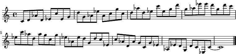 
{

\modalTranspose c c' { c d ees g aes } { c8 d aes } 
\modalTranspose c d' { c d ees g aes } { c d aes } 
\modalTranspose c ees' { c d ees g aes } { c d aes } 
\modalTranspose c g' { c d ees g aes } { c d aes } 
\modalTranspose c aes' { c d ees g aes } { c d aes } 
\modalTranspose c c'' { c d ees g aes } { c d aes } 
\modalTranspose c d'' { c d ees g aes } { c d aes } 
\modalTranspose c ees'' { c d ees g aes } { c d aes } 
\modalTranspose c g'' { c d ees g aes } { c d aes } 

\modalInversion c ees''' { c d ees g aes } { c d aes } 
\modalInversion c d''' { c d ees g aes } { c d aes } 
\modalInversion c c''' { c d ees g aes } { c d aes } 
\modalInversion c aes'' { c d ees g aes } { c d aes } 
\modalInversion c g'' { c d ees g aes } { c d aes } 
\modalInversion c ees'' { c d ees g aes } { c d aes } 
\modalInversion c d'' { c d ees g aes } { c d aes } 
\modalInversion c c'' { c d ees g aes } { c d aes } 
\modalInversion c aes' { c d ees g aes } { c d aes } 
\modalInversion c g' { c d ees g aes } { c d aes } 
\modalInversion c ees' { c d ees g aes } { c d aes } 
\modalInversion c d' { c d ees g aes } { c d aes } 

c'8~ c'1

\bar "|."
}
