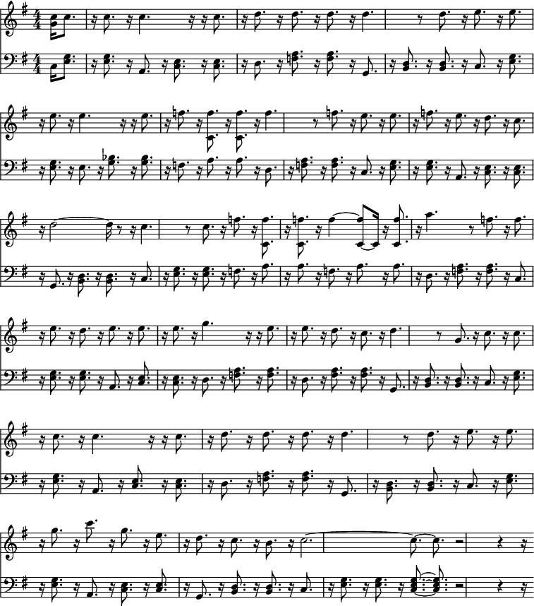 
<< <<
\new Staff { \clef treble \time 4/4 \partial 4 \key g \major \set Staff.midiInstrument = "piano" \set Score.tempoHideNote = ##t \override Score.BarNumber  #'transparent = ##t
  \relative g' 
  << { \clef "treble" \numericTimeSignature\time 4/4 \key c \major | % 1
    \tempo "" 4=100 \stemDown <g c>16 \stemDown c8. r16 \stemDown c8. r16
    \stemDown c4. r16 | % 2
    r16 \stemDown c8. r16 \stemDown d8. r16 \stemDown d8. r16 \stemDown
    d8. | % 3
    r16 \stemDown d4. r8 \stemDown d8. r16 \stemDown e8. | % 4
    r16 \stemDown e8. r16 \stemDown e8. r16 \stemDown e4. r16 | % 5
    r16 \stemDown e8. r16 \stemDown f8. r16 \stemDown <c, f'>8. r16
    \stemDown <c f'>8. | % 6
    r16 \stemDown f'4. r8 \stemDown f8. r16 \stemDown e8. | % 7
    r16 \stemDown e8. r16 \stemDown f8. r16 \stemDown e8. r16 \stemDown
    d8. | % 8
    r16 \stemDown c8. r16 \stemDown d2 ~ \stemDown d16 r8 | % 9
    r16 \stemDown c4. r8 \stemDown c8. r16 \stemDown f8. |
    \barNumberCheck #10
    r16 \stemDown <c, f'>8. r16 \stemDown <c f'>8. r16 \stemDown f'4 ~
    \stemUp <f c,>8 ~ \stemUp c,16 | % 11
    r16 \stemUp <f' c,>8. r16 \stemDown a4. r8 \stemDown f8. | % 12
    r16 \stemDown f8. r16 \stemDown e8. r16 \stemDown d8. r16 \stemDown
    e8. | % 13
    r16 \stemDown e8. r16 \stemDown e8. r16 \stemDown g4. r16 | % 14
    r16 \stemDown e8. r16 \stemDown e8. r16 \stemDown d8. r16 \stemDown
    c8. | % 15
    r16 \stemDown d4. r8 \stemUp g,8. r16 \stemDown c8. | % 16
    r16 \stemDown c8. r16 \stemDown c8. r16 \stemDown c4. r16 | % 17
    r16 \stemDown c8. r16 \stemDown d8. r16 \stemDown d8. r16 \stemDown
    d8. | % 18
    r16 \stemDown d4. r8 \stemDown d8. r16 \stemDown e8. | % 19
    r16 \stemDown e8. r16 \stemDown g8. r16 \stemDown c8. r16 \stemDown
    g8. | \barNumberCheck #20
    r16 \stemDown e8. r16 \stemDown d8. r16 \stemDown c8. r16 \stemDown
    b8. | % 21
    r16 \stemDown c2. ~ \stemDown c8. ~ | % 22
    \stemDown c8. r2 r4 r16 }
  >>
}
\new Staff { \clef bass \key g \major \set Staff.midiInstrument = "bass"
  \relative c
  << { \clef "bass" \numericTimeSignature\time 4/4 \key c \major | % 1
    \stemDown c16 \stemDown <g' e>8. r16 \stemDown <g e>8. r16 \stemUp
    a,8. r16 \stemDown <c e>8. | % 2
    r16 \stemDown <c e>8. r16 \stemDown d8. r16 \stemDown <a' f>8. r16
    \stemDown <f a>8. | % 3
    r16 \stemUp g,8. r16 \stemUp <d' b>8. r16 \stemUp <d b>8. r16
    \stemUp c8. | % 4
    r16 \stemDown <g' e>8. r16 \stemDown <g e>8. r16 \stemDown e8. r16
    \stemDown <g bes>8. | % 5
    r16 \stemDown <bes g>8. r16 \stemDown f8. r16 \stemDown a8. r16
    \stemDown a8. | % 6
    r16 \stemDown d,8. r16 \stemDown <f a>8. r16 \stemDown <a f>8. r16
    \stemUp c,8. | % 7
    r16 \stemDown <e g>8. r16 \stemDown <g e>8. r16 \stemUp a,8. r16
    \stemDown <c e>8. | % 8
    r16 \stemDown <c e>8. r16 \stemUp g8. r16 \stemDown <b d>8. r16
    \stemDown <b d>8. | % 9
    r16 \stemUp c8. r16 \stemDown <g' e>8. r16 \stemDown <g e>8. r16
    \stemDown f8. | \barNumberCheck #10
    r16 \stemDown a8. r16 \stemDown a8. r16 \stemDown f8. r16 \stemDown
    a8. | % 11
    r16 \stemDown a8. r16 \stemDown d,8. r16 \stemDown <f a>8. r16
    \stemDown <f a>8. | % 12
    r16 \stemUp c8. r16 \stemDown <g' e>8. r16 \stemDown <g e>8. r16
    \stemUp a,8. | % 13
    r16 \stemUp <e' c>8. r16 \stemDown <c e>8. r16 \stemDown d8. r16
    \stemDown <a' f>8. | % 14
    r16 \stemDown <a f>8. r16 \stemDown d,8. r16 \stemDown <a' fis>8. r16
    \stemDown <a fis>8. | % 15
    r16 \stemUp g,8. r16 \stemUp <d' b>8. r16 \stemUp <d b>8. r16
    \stemUp c8. | % 16
    r16 \stemDown <g' e>8. r16 \stemDown <g e>8. r16 \stemUp a,8. r16
    \stemUp <e' c>8. | % 17
    r16 \stemDown <c e>8. r16 \stemDown d8. r16 \stemDown <a' f>8. r16
    \stemDown <f a>8. | % 18
    r16 \stemUp g,8. r16 \stemDown <b d>8. r16 \stemUp <d b>8. r16
    \stemUp c8. | % 19
    r16 \stemDown <g' e>8. r16 \stemDown <e g>8. r16 \stemUp a,8. r16
    \stemDown <c e>8. | \barNumberCheck #20
    r16 \stemUp <e c>8. r16 \stemUp g,8. r16 \stemUp <d' b>8. r16
    \stemUp <d b>8. | % 21
    r16 \stemUp c8. r16 \stemDown <e g>8. r16 \stemDown <e g>8. r16
    \stemUp <e g c,>8. ~ ~ ~ | % 22
    \stemUp <e g c,>8. r2 r4 r16 } >>
}
>> >>
\layout { indent = #0 }
\midi { \tempo 4 = 90 }
