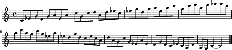 
{

\modalTranspose c c' { c d ees g a } { c8 ees g } 
\modalTranspose c d' { c d ees g a } { c ees g } 
\modalTranspose c ees' { c d ees g a } { c ees g } 
\modalTranspose c g' { c d ees g a } { c ees g } 
\modalTranspose c a' { c d ees g a } { c ees g } 
\modalTranspose c c'' { c d ees g a } { c ees g } 
\modalTranspose c d'' { c d ees g a } { c ees g } 
\modalTranspose c ees'' { c d ees g a } { c ees g } 
\modalTranspose c g'' { c d ees g a } { c ees g } 
\modalTranspose c a'' { c d ees g a } { c ees g } 

\modalInversion c ees''' { c d ees g a } { c ees g } 
\modalInversion c d''' { c d ees g a } { c ees g } 
\modalInversion c c''' { c d ees g a } { c ees g } 
\modalInversion c a'' { c d ees g a } { c ees g } 
\modalInversion c g'' { c d ees g a } { c ees g } 
\modalInversion c ees'' { c d ees g a } { c ees g } 
\modalInversion c d'' { c d ees g a } { c ees g } 
\modalInversion c c'' { c d ees g a } { c ees g } 
\modalInversion c a' { c d ees g a } { c ees g } 
\modalInversion c g' { c d ees g a } { c ees g } 
\modalInversion c ees' { c d ees g a } { c ees g } 
\modalInversion c d' { c d ees g a } { c ees g } 

c'4~ c'2

\bar "|."
}
