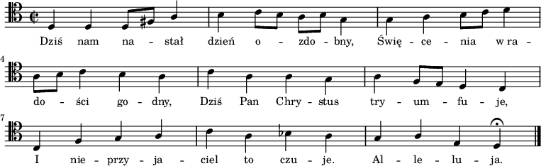 
\relative c { \clef tenor \key c \major
\time 2/2
\autoBeamOff
\stemUp d4 d4 d8 [fis8] a4 | \stemDown b4 c8 [b8] a8 [b8] g4 | g4 a4 b8 [c8] d4 | \break
a8 [b8] c4 b4 a4 | c4 a4 a4 g4 | a4 \stemUp f8 [e8] d4 c4 | \break
c4 f4 g4 a4 | \stemDown c4 a4 bes4 a4 | \stemUp g4 a4 e4 d4 \fermata \bar "|."
}
\addlyrics { \small {
Dziś nam na_ -- stał dzień o_ -- zdo_ -- bny, Świę -- ce -- nia_ "w ra" --
do_ -- ści go -- dny, Dziś Pan Chry -- stus try -- um_ -- fu -- je,
I nie -- przy -- ja -- ciel to czu -- je. Al -- le -- lu -- ja.
}}
