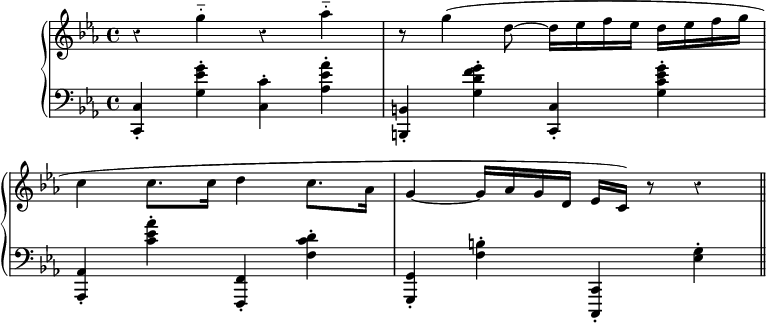 
\version "2.20.0"

\header {
  title = "XX"
  subtitle = "NOCTURNE, op. 48"

  composer = "CHOPIN."
}
  \layout {
  indent = #10  
  %ragged-last = ##ttt
  }
{

    \new PianoStaff = "piano" \with { instrumentName = ""} 
         <<
      \new Staff = "upper" { \relative c''  {\key ees \major  \set Staff.midiInstrument = #"piano"
         \time 4/4 \override Staff.Rest.style = #'classical \override TupletBracket.bracket-visibility = ##f
         \set Score.tempoHideNote = ##t \tempo 4=60 \omit Score.BarNumber 
% Ligne 1
  r4 g'-_ r4 aes-_ | r8 g4( d8~ d16[ ees f ees] d[ ees f g]
  \break 
% Ligne 2
  c,4 c8.[ c16] d4 c8.[ aes16] | g4~ g16[ aes g d] ees[ c]) r8 r4  
  \break
% Ligne 3



  \bar "||"  
    
 

      }}
      \new Staff = "lower" { 
        
        \relative c  {\clef "bass" \key ees \major \set Staff.midiInstrument = #"piano" 
                      \override Staff.Rest.style = #'classical
                      \override TupletBracket.bracket-visibility = ##f
% Ligne 1
  <c, c'>-. <g'' ees' g>-. <c, c'>-. <aes' ees' aes>-. |
  <b,, b'>-. <g'' d' f g>-. <c,, c'>-. <g'' c ees g>-.
% Ligne 2  
  <aes,, aes'>-. <c'' ees aes>-. <f,,, f'>-. <f'' c' d>-. |
  <g,, g'>-. <f'' b>-. <c,, c'>-. <ees'' g>-.
  
% Ligne 3  



      }}
>>
}

