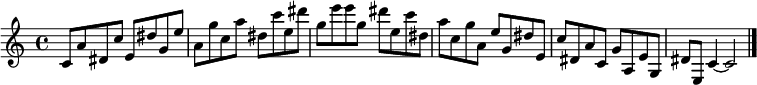 
{

\modalTranspose c c' { c dis e g a } { c8 a } 
\modalTranspose c dis' { c dis e g a } { c a } 
\modalTranspose c e' { c dis e g a } { c a } 
\modalTranspose c g' { c dis e g a } { c a } 
\modalTranspose c a' { c dis e g a } { c a } 
\modalTranspose c c'' { c dis e g a } { c a } 
\modalTranspose c dis'' { c dis e g a } { c a } 
\modalTranspose c e'' { c dis e g a } { c a } 
\modalTranspose c g'' { c dis e g a } { c a } 

\modalInversion c e''' { c dis e g a } { c a } 
\modalInversion c dis''' { c dis e g a } { c a } 
\modalInversion c c''' { c dis e g a } { c a } 
\modalInversion c a'' { c dis e g a } { c a } 
\modalInversion c g'' { c dis e g a } { c a } 
\modalInversion c e'' { c dis e g a } { c a } 
\modalInversion c dis'' { c dis e g a } { c a } 
\modalInversion c c'' { c dis e g a } { c a } 
\modalInversion c a' { c dis e g a } { c a } 
\modalInversion c g' { c dis e g a } { c a } 
\modalInversion c e' { c dis e g a } { c a } 
\modalInversion c dis' { c dis e g a } { c a } 

c'4~ c'2

\bar "|."
}
